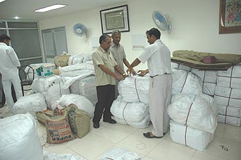 Relief materials at Bihar Bhawan, New Delhi are being packed before its dispatch. 